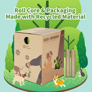 Eco-friendly poop bag roll and packaging made with recycled materials for sustainable dog waste cleanup.